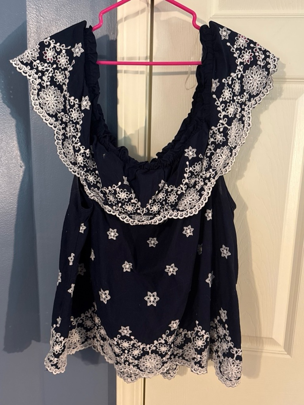 Maurices Navy Tank Top with White Embroidered Lace Trim